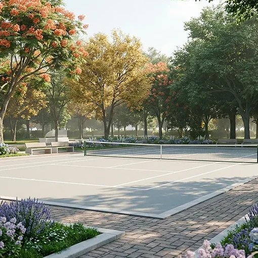 Tennis court lined with flowering trees and planted beds, KNS Samooha amenity render