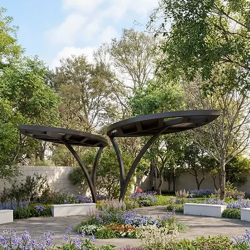 Landscaped seating area under leaf-shaped canopies, KNS Samooha amenity render