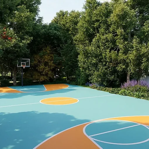 Outdoor basketball court with a blue and orange surface, KNS Samooha amenity render