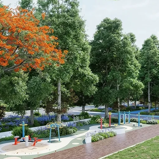 Outdoor gym equipment beside a tree-lined path, KNS Samooha amenity render
