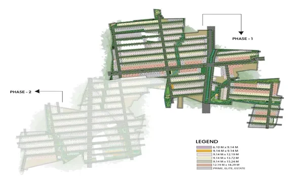 KNS Samooha layout card marking Phase 1 and Phase 2, with a legend of six plot sizes in metres