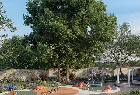 Children’s play area under a large tree, KNS Samooha amenity render