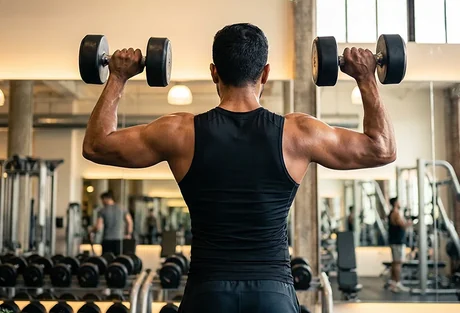 Man lifting dumbbells in a gym, illustrative picture for the clubhouse