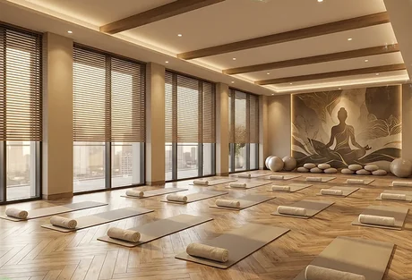 Yoga studio laid out with mats, illustrative picture for the clubhouse